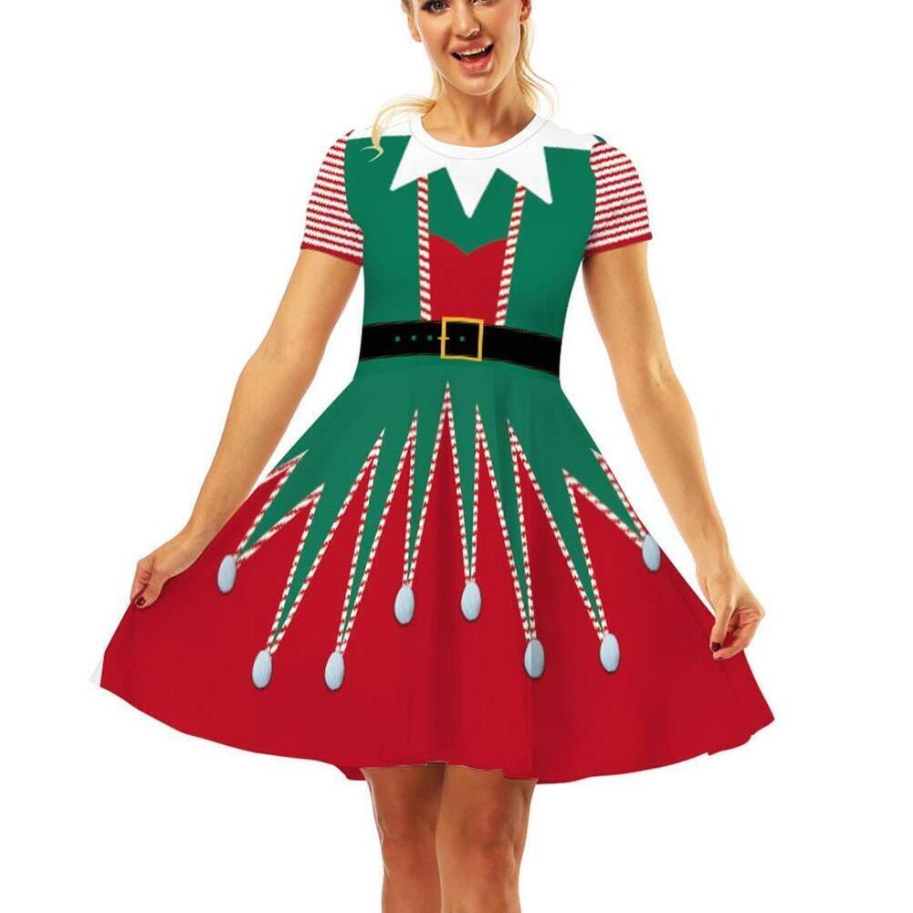 3739 Ugly Christmas Dress Green Elf Outfits Christmas Print Dress 3D Elves